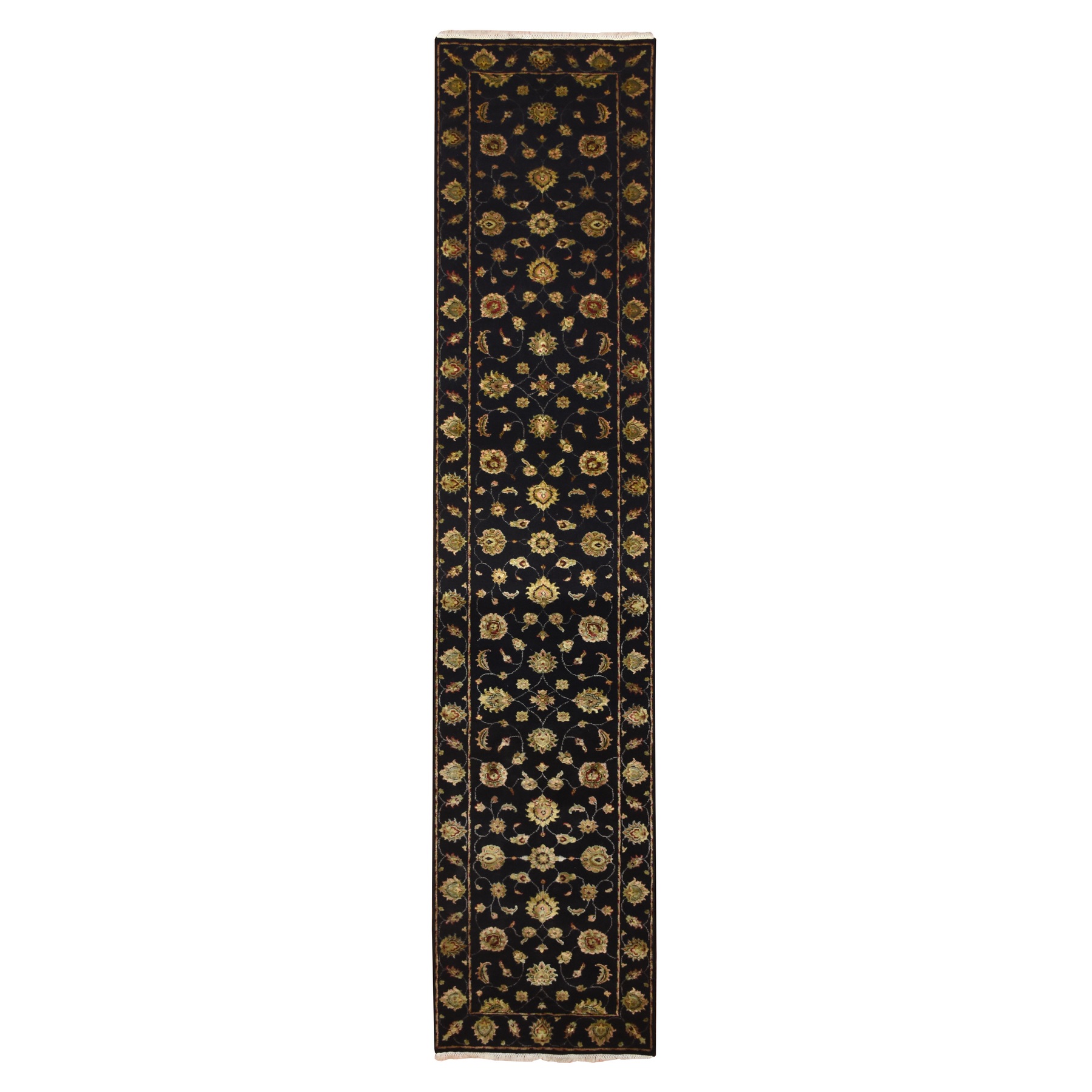 Caviar Black, Soft Pile, Hand Knotted, Wool and Silk, Rajasthan with All Over Leaf Design, Thick and Plush, Runner, Oriental Rug